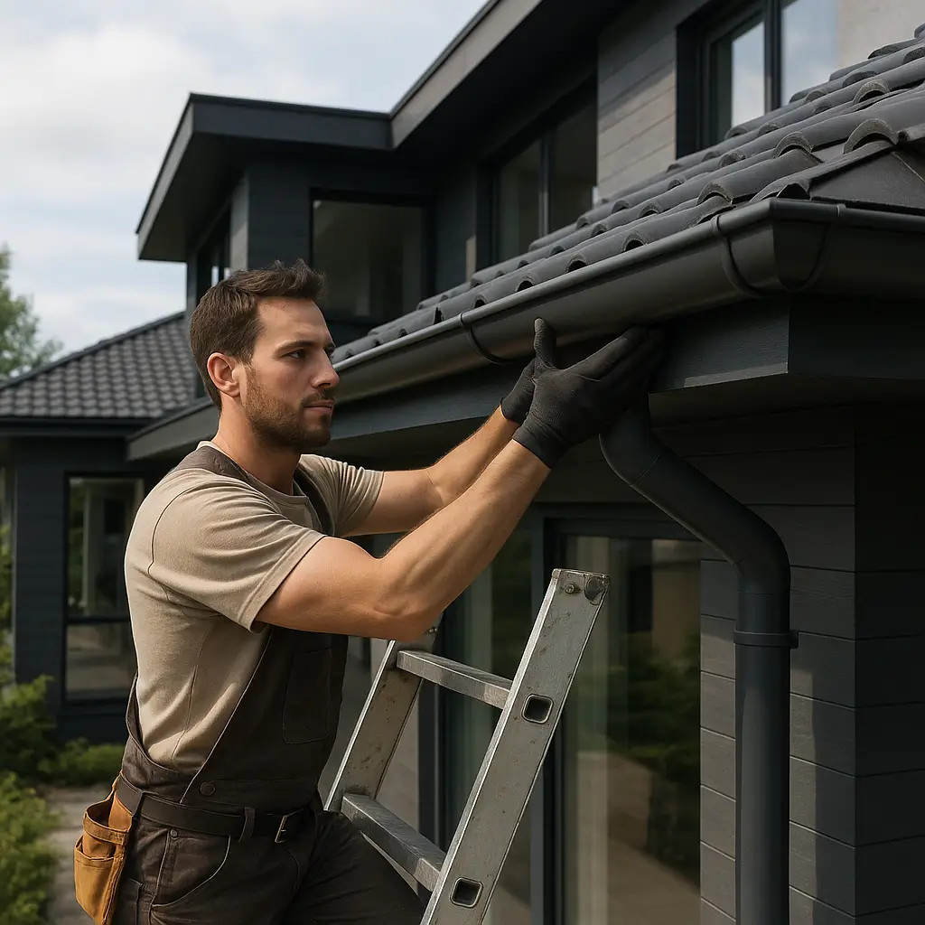 Roofing contractors in Louisville, TN installing a gutter on a black modern house.