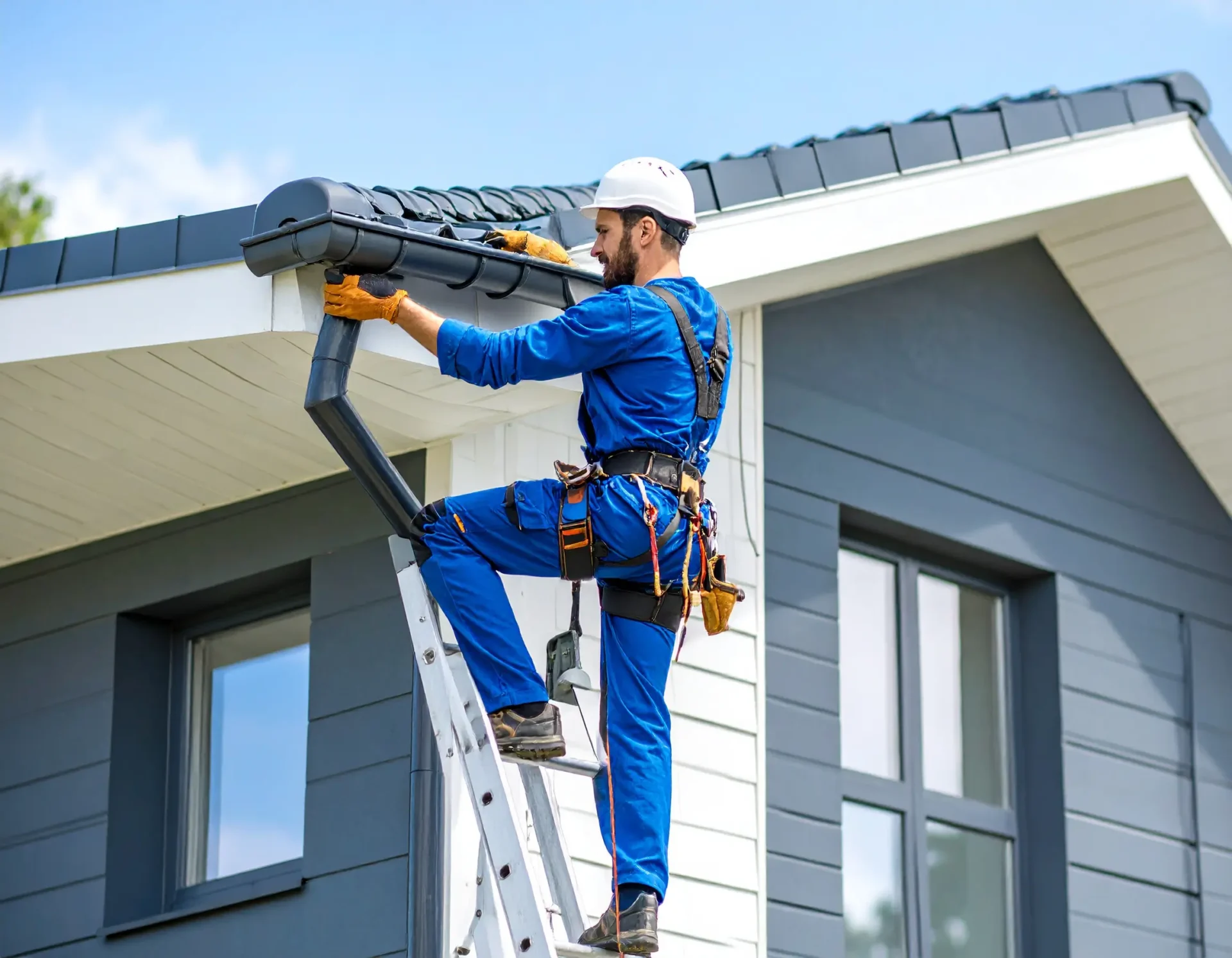 A man installing a gutter on a modern house – Affordable gutter installation in Dandridge, TN