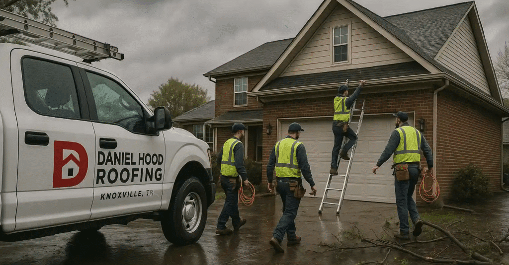 Emergency gutter repair truck with Daniel Hood Roofing logo in Knoxville