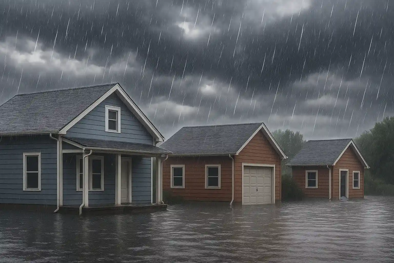 Residential homes surrounded by heavy rain and flooding — Basement Flooding Prevention by Daniel Hood Roofing Systems.