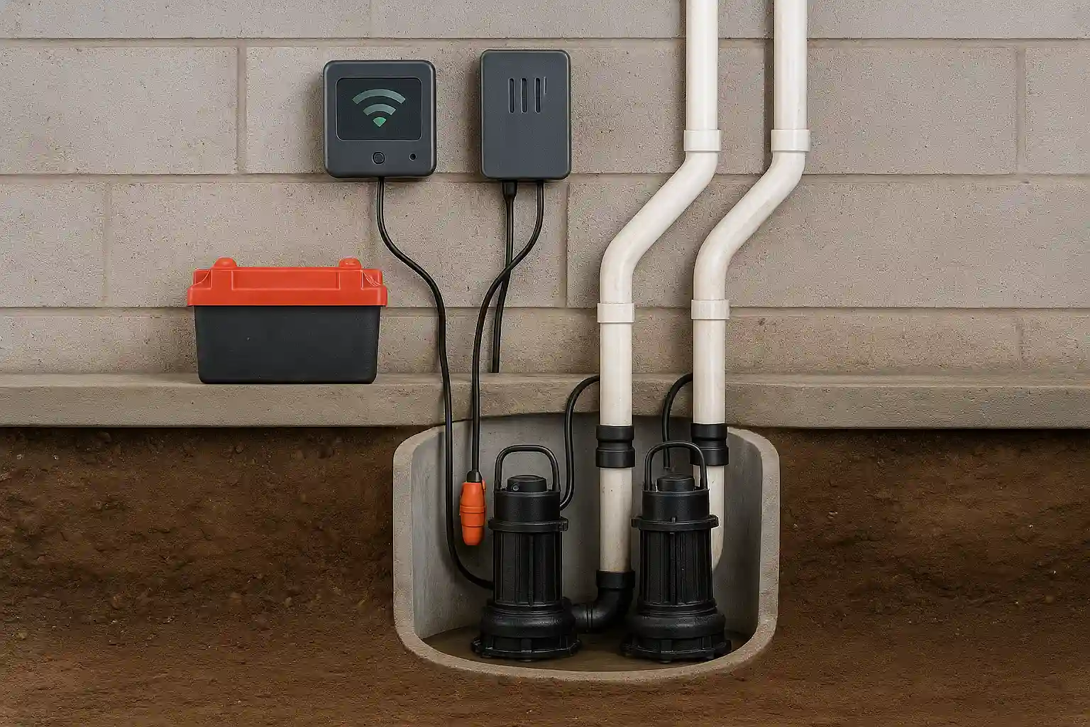 Dual sump pump system with battery backup and control panel installed in basement — Basement Flooding Prevention by Daniel Hood Roofing Systems.