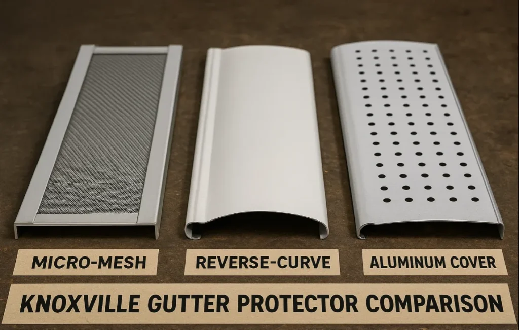 Close-up comparison of three main gutter protector types — micro-mesh, reverse-curve, and aluminum cover — displayed side by side on a brown workshop table labeled “Knoxville Gutter Protector Comparison” by Daniel Hood Roofing Systems.