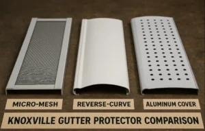 Close-up comparison of three main gutter protector types — micro-mesh, reverse-curve, and aluminum cover — displayed side by side on a brown workshop table labeled “Knoxville Gutter Protector Comparison” by Daniel Hood Roofing Systems.