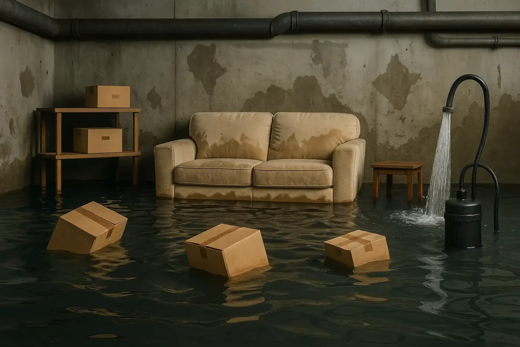 Flooded basement with wet furniture, floating boxes, and water pump — Basement Flooding Prevention by Daniel Hood Roofing Systems.