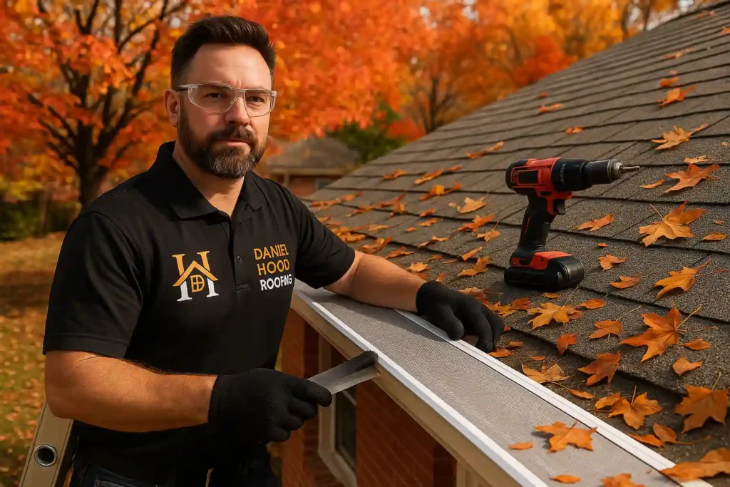 Daniel Hood Roofing Systems technician installing a micro-mesh gutter guard on a Knoxville home’s roof during autumn, surrounded by orange fall leaves, with a power drill on the shingles.