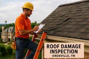 Professional contractor performing roof damage inspection in Knoxville, TN as part of repair service by Daniel Hood Roofing.