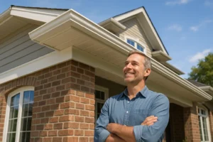 Alt text: Smiling homeowner standing beside freshly repaired roof and soffit under a clear sky by Daniel Hood Roofing.