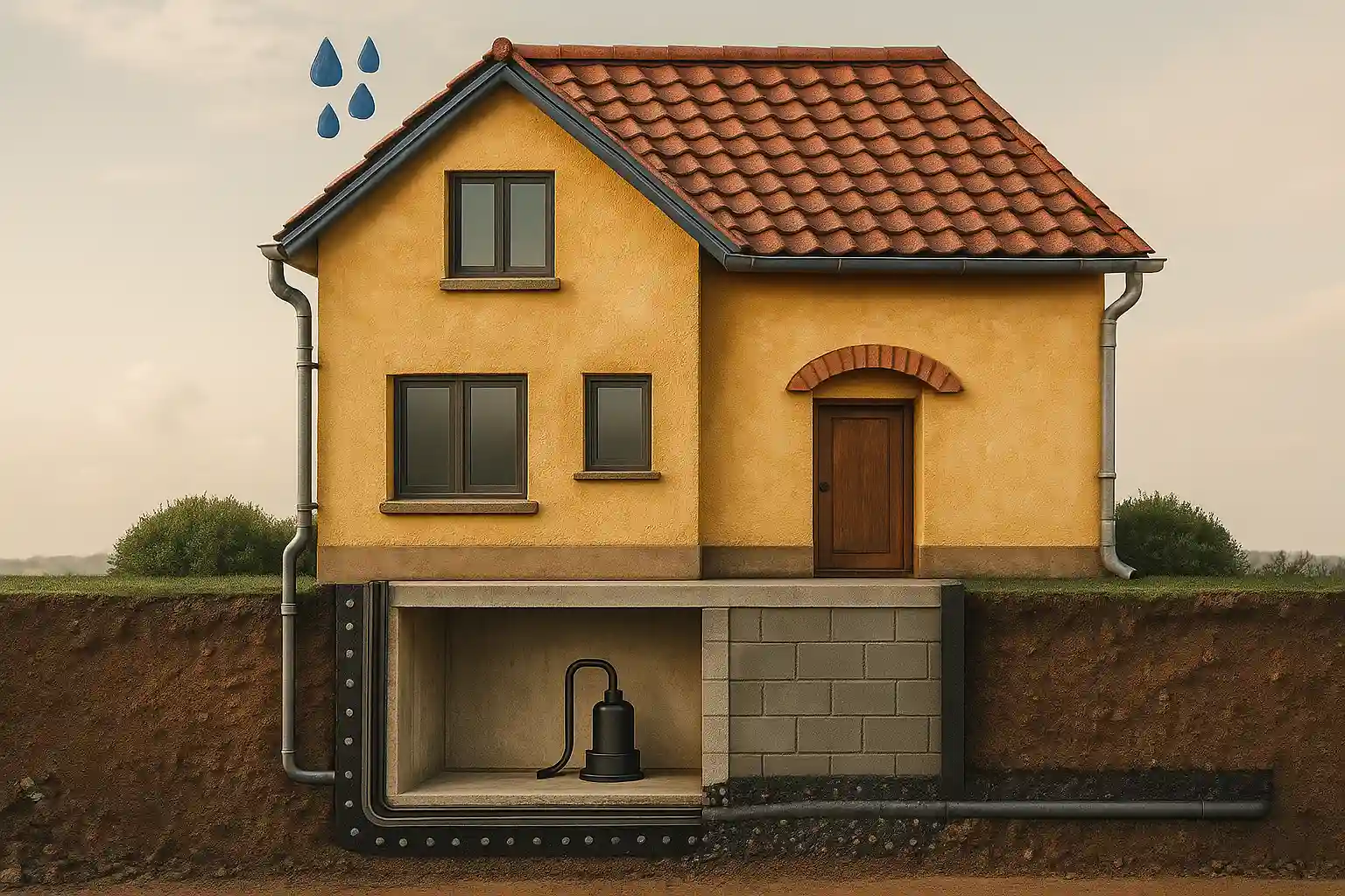 Cross-section house diagram showing basement waterproofing with sump pump and drainage system — Basement Flooding Prevention by Daniel Hood Roofing Systems.