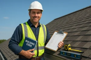 Building inspector on a roof reviewing tools and code book under sunny sky — Daniel Hood Roofing.