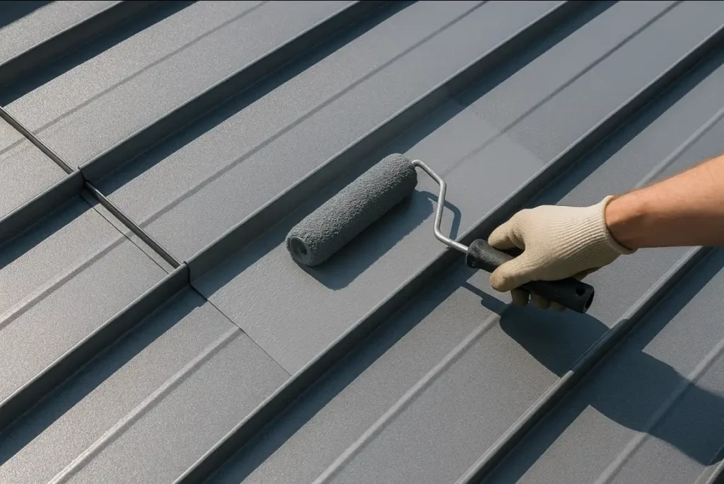Metal roof repair products including tapes and coatings displayed in a clean layout by Daniel Hood Roofing Systems, instructional and professional style.