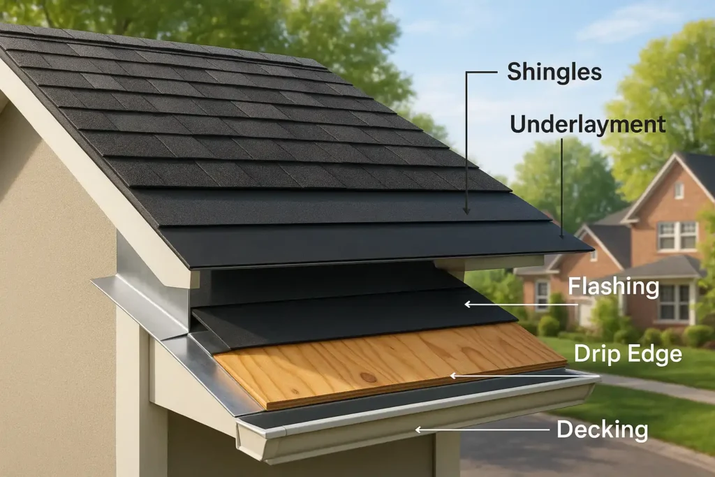 Educational roof cross-section showing shingles, underlayment, flashing, and decking — roofing repair products by Daniel Hood Roofing.