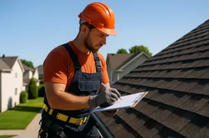 Professional roofer inspecting a residential roof with clipboard and pen on a sunny day, suburban home, Daniel Hood Roofing Systems.