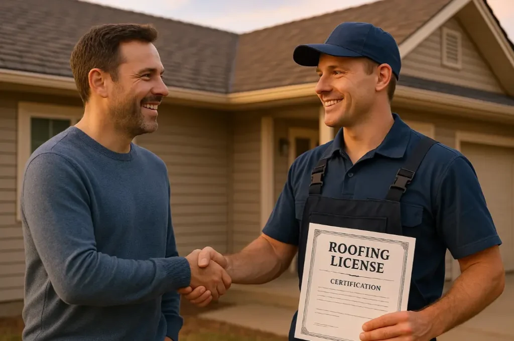 Daniel Hood Roofing Systems roofer showing certification to a homeowner.