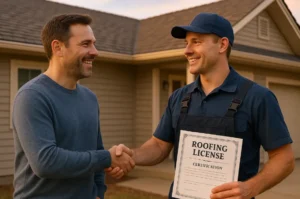 Daniel Hood Roofing Systems roofer showing certification to a homeowner.