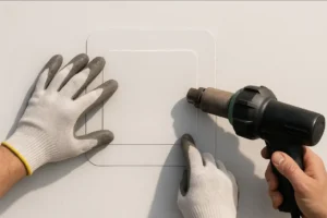 Ultra-realistic step-by-step top-down view of applying a PVC roof patch using a heat gun. Show hands wearing protective gloves carefully positioning the patch, the heat gun in action, and the PVC membrane visibly sealing. Clean, instructional layout with high detail on textures of the PVC, patch edges, and tool surfaces. Bright natural lighting, subtle shadows, professional educational style for roofing guides, realistic and clear, no cartoon elements.