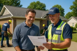 Roofing contractor discussing a completed roof repair quote with a satisfied homeowner in Knoxville, TN — Daniel Hood Roofing.