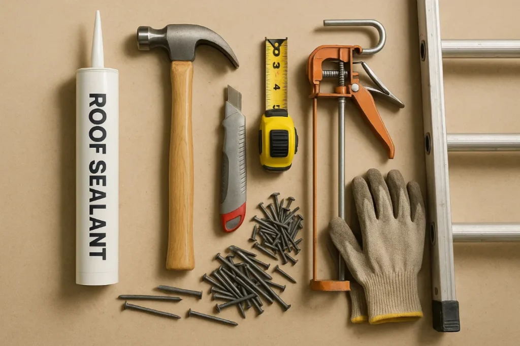 Ultra-realistic flat-lay photo of essential roofing repair tools arranged neatly on a clean work surface. Include a tube of roof sealant, claw hammer, utility knife, measuring tape, caulking gun, roofing nails, safety gloves, and a folded aluminum ladder partially visible at the edge of the frame. Lighting should be soft and natural, highlighting textures like metal, rubber, and wood grain. The composition should feel organized and practical, similar to a professional contractor’s toolkit layout. Background should be a neutral workshop table or plywood surface. Simple educational style with clear visibility of each tool, no cartoon elements, no illustrations—only hyper-realistic photography.