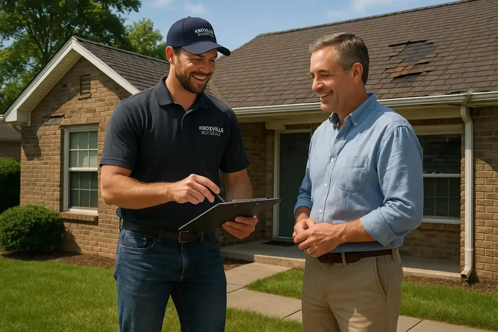 Professional roofing specialist presenting a roofing repair quote to a homeowner in front of a damaged roof — Daniel Hood Roofing.