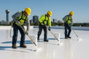 Professional roofers applying reflective coating on a flat commercial roof with high-quality roofing repair products by Daniel Hood Roofing.