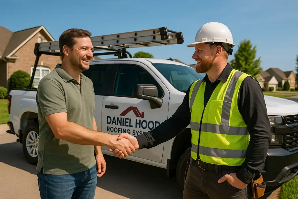 Homeowner shaking hands with a roofing expert from Daniel Hood Roofing after receiving roofing repair free estimates at home.