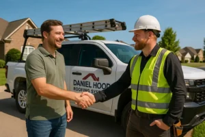 Homeowner shaking hands with a roofing expert from Daniel Hood Roofing after receiving roofing repair free estimates at home.