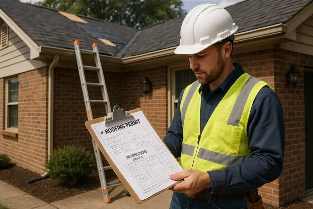 Roofing inspector checking permits beside a home for Daniel Hood Roofing.