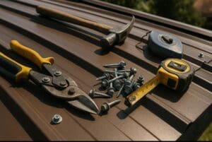 Roofing tools including tin snips, metal panels, fasteners, tape measure, and chalk line arranged on a residential roof, daylight, Daniel Hood Roofing Systems.