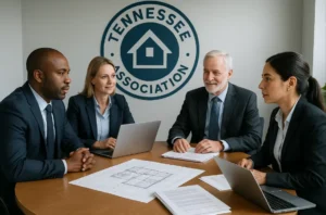 Daniel Hood Roofing Systems professionals reviewing blueprints in a conference setting