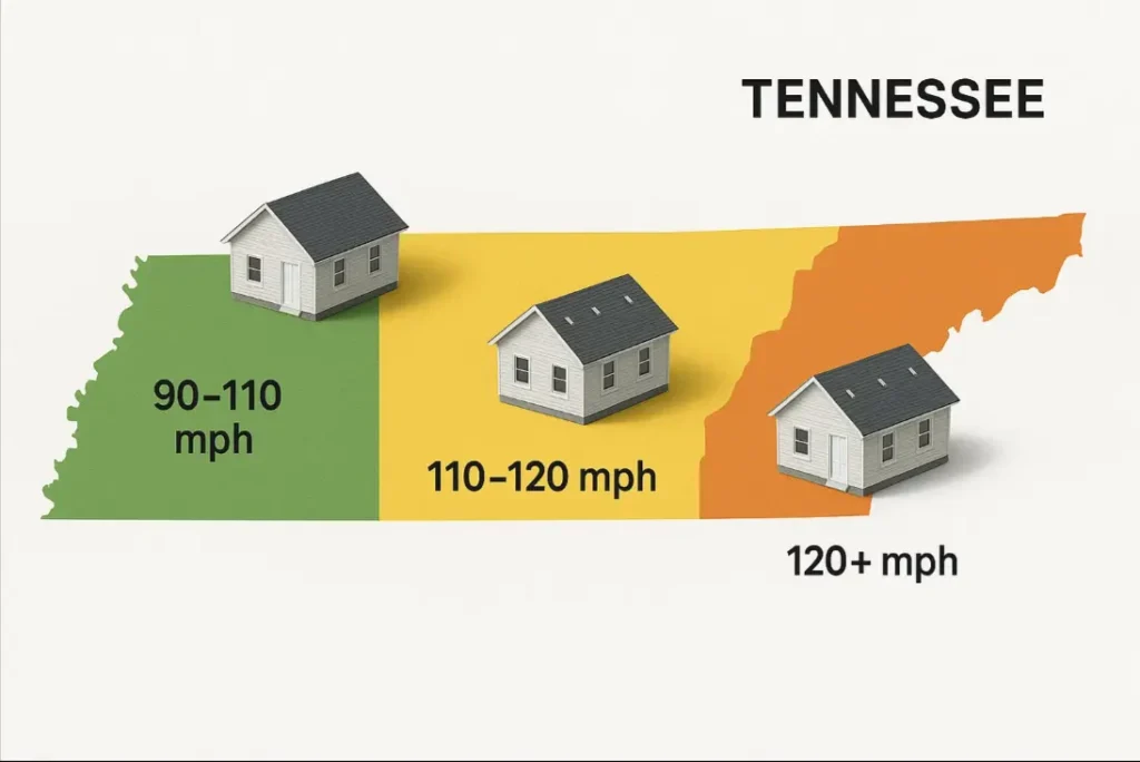 Tennessee wind-zone map with fastening patterns — Daniel Hood Roofing.
