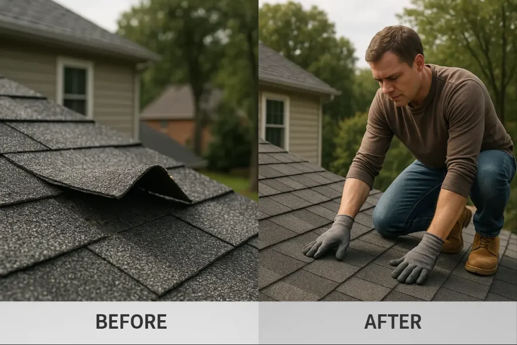 Before-and-after image of a homeowner repairing damaged roof shingles, shown in an educational style, by Daniel Hood Roofing