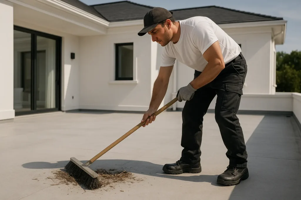 Roofer cleaning debris before built up roofing repair to ensure smooth surface preparation by Daniel Hood Roofing.