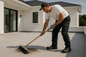 Roofer cleaning debris before built up roofing repair to ensure smooth surface preparation by Daniel Hood Roofing.
