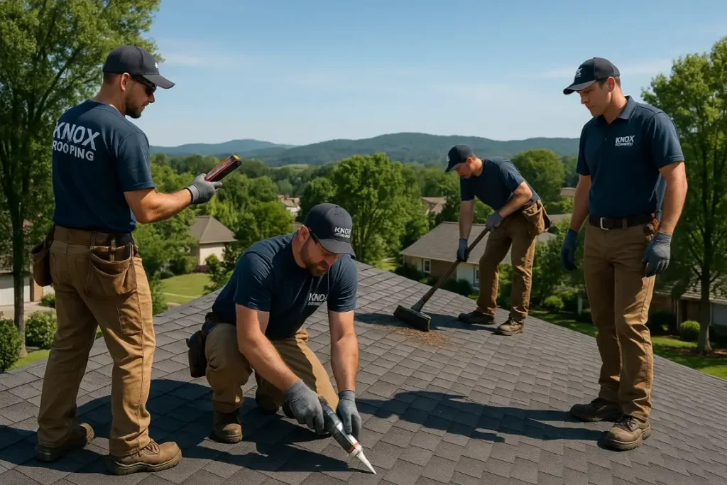 Four roofers from Daniel Hood Roofing repair team coordinating tasks on a residential roof in Knoxville, including measuring, sealing shingles, cleaning, and inspecting.