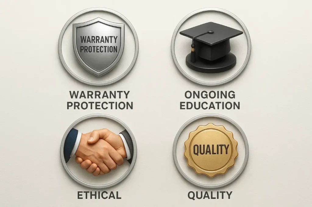 Daniel Hood Roofing Systems quality, warranty, education, and ethics icons infographic.