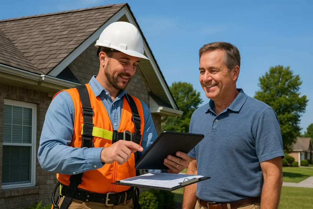 Roofing specialist from Daniel Hood Roofing reviewing roofing repair free estimates with a smiling homeowner outside the house.