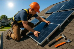 Technician from Daniel Hood Roofing adjusting a tilted solar panel on a residential roof, with tools nearby on a bright, sunny day in a suburban neighborhood.