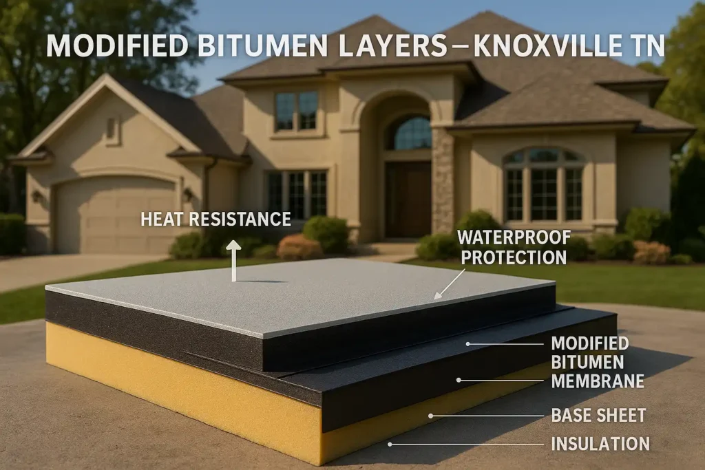 Diagram showing modified bitumen roof layers including insulation, base sheet, and waterproof membrane labeled Knoxville TN by Daniel Hood Roofing.