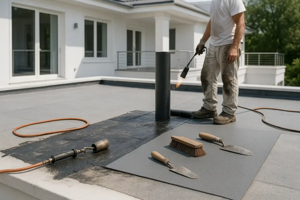 Professional roofer applying heat and new material layers during built up roofing repair on a flat roof by Daniel Hood Roofing.