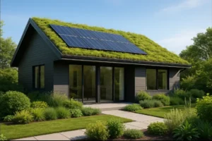 Modern eco-friendly home with a green sustainable roof and integrated solar panels, surrounded by lush landscaping, created for Daniel Hood Roofing.