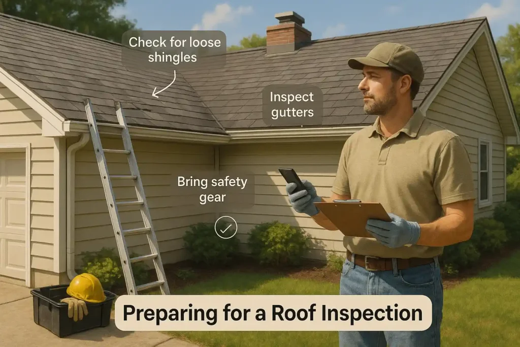 Professional contractor preparing for a roof condition assessment with checklist and safety gear before inspection by Daniel Hood Roofing.
