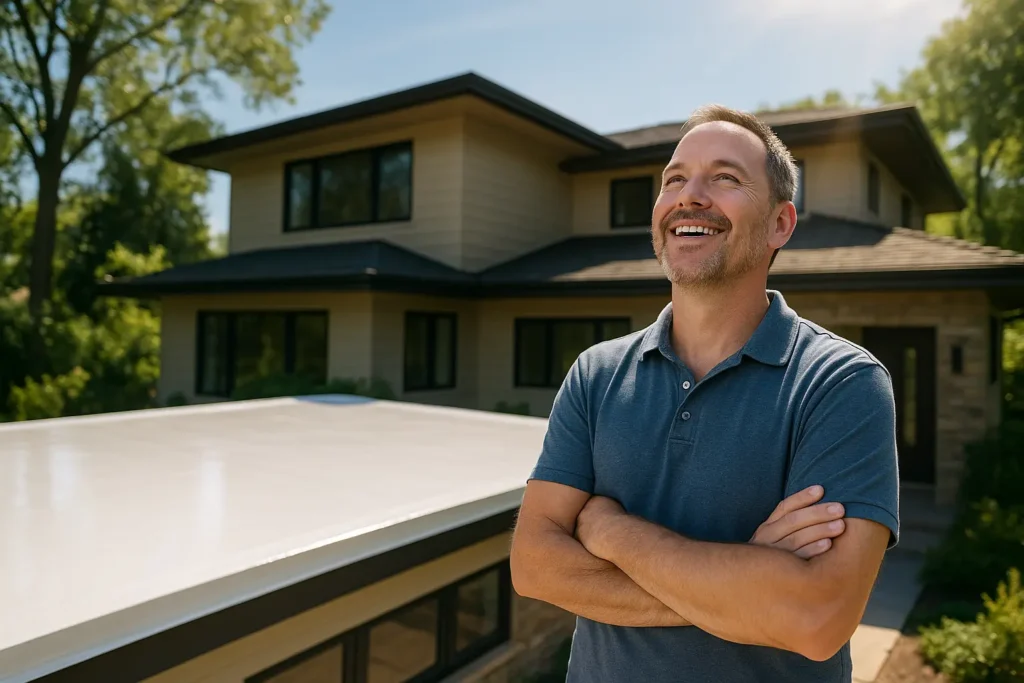 Smiling homeowner standing near newly installed modified bitumen flat roof after expert repair by Daniel Hood Roofing.