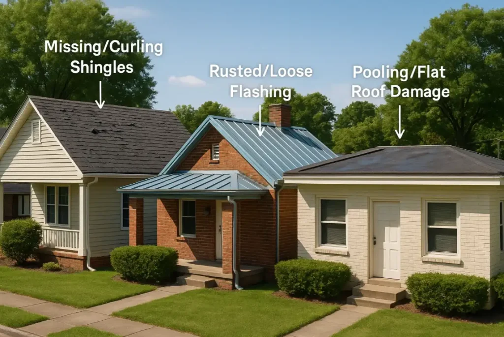 Roof damage on asphalt, metal, and flat roofs, repaired by Daniel Hood Roofing roofing repair team.