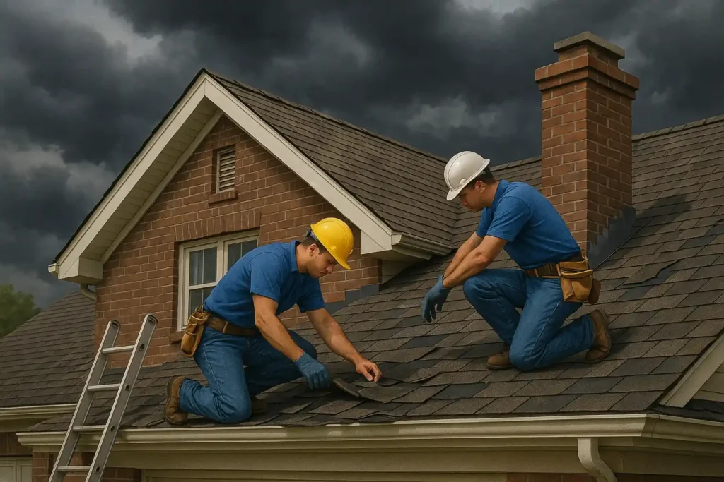 Roofing contractors for roof repair from Daniel Hood Roofing working on asphalt shingles under stormy skies to prevent roof leaks and damage.