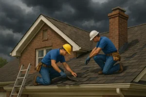 Roofing contractors for roof repair from Daniel Hood Roofing working on asphalt shingles under stormy skies to prevent roof leaks and damage.