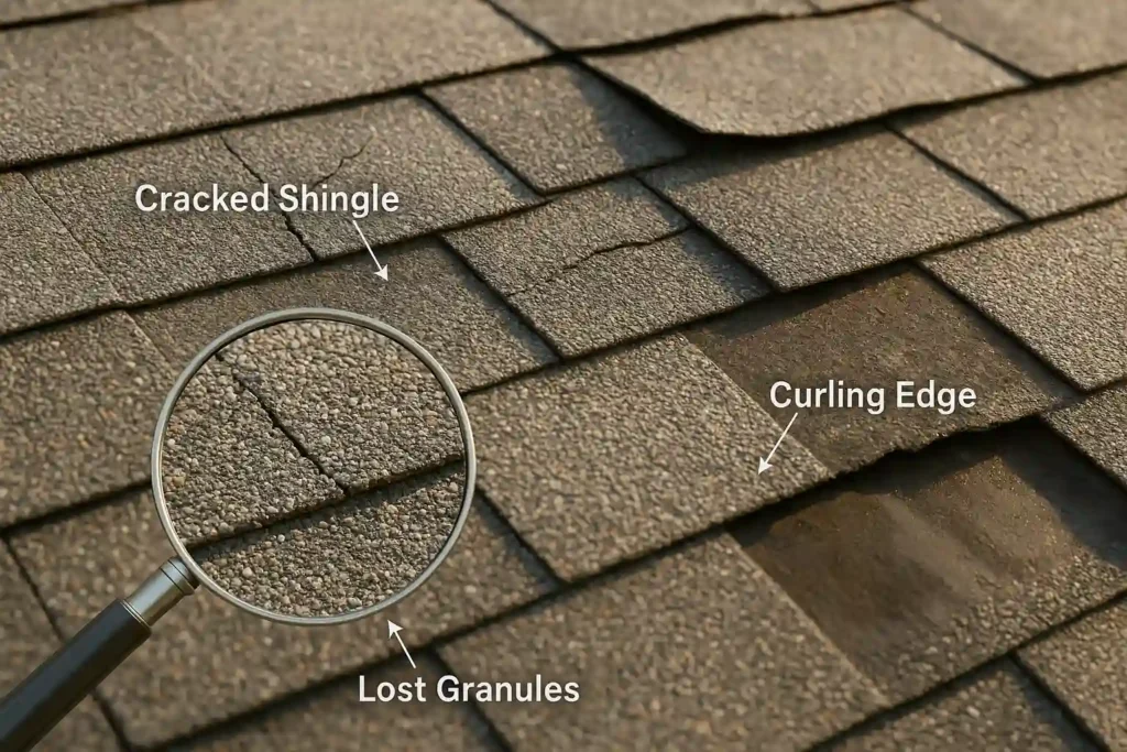 Detailed view of cracked shingles, curling edges, and lost granules found during roof condition assessment by Daniel Hood Roofing.