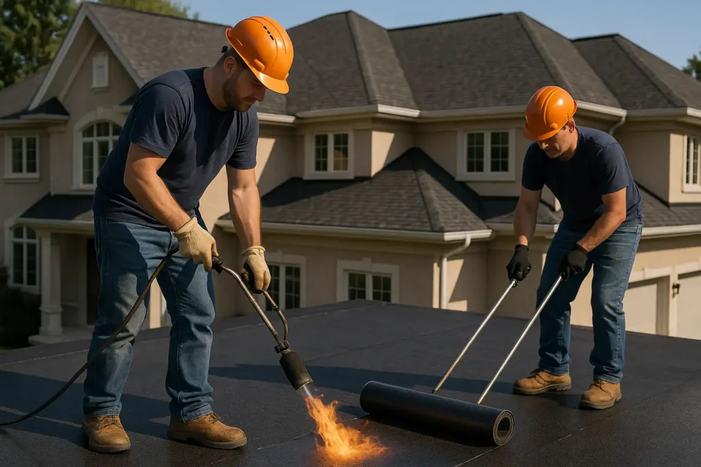 Professional roofers installing modified bitumen membrane using torch-down method for roof repair in Knoxville by Daniel Hood Roofing.