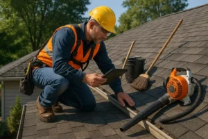Professional contractor performing roofing repair and maintenance, inspecting chimney flashing and shingles for damage by Daniel Hood Roofing.