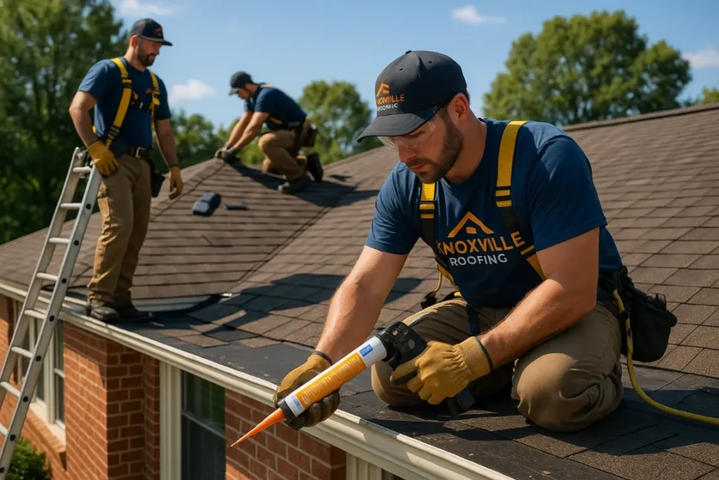Skilled roofing repair team sealing roof shingles and inspecting damage on a residential home in Knoxville, TN — Daniel Hood Roofing.