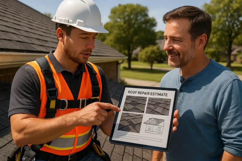 Daniel Hood Roofing contractor showing roofing repair free estimates on a tablet to a homeowner during roof inspection.