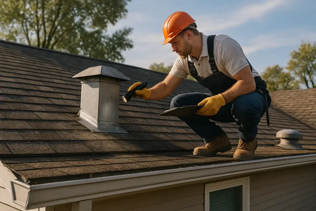 Professional contractor performing roofing repair and maintenance, inspecting chimney flashing and shingles for damage by Daniel Hood Roofing.